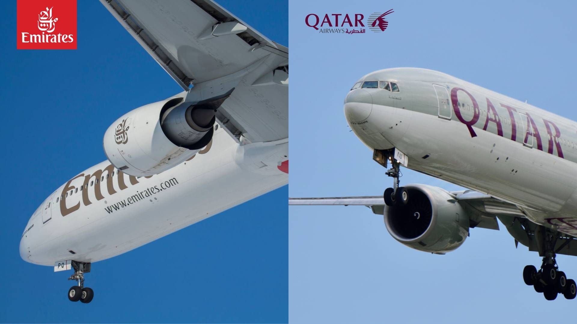 Side-by-side comparison of Emirates and Qatar Airways aircraft in flight
