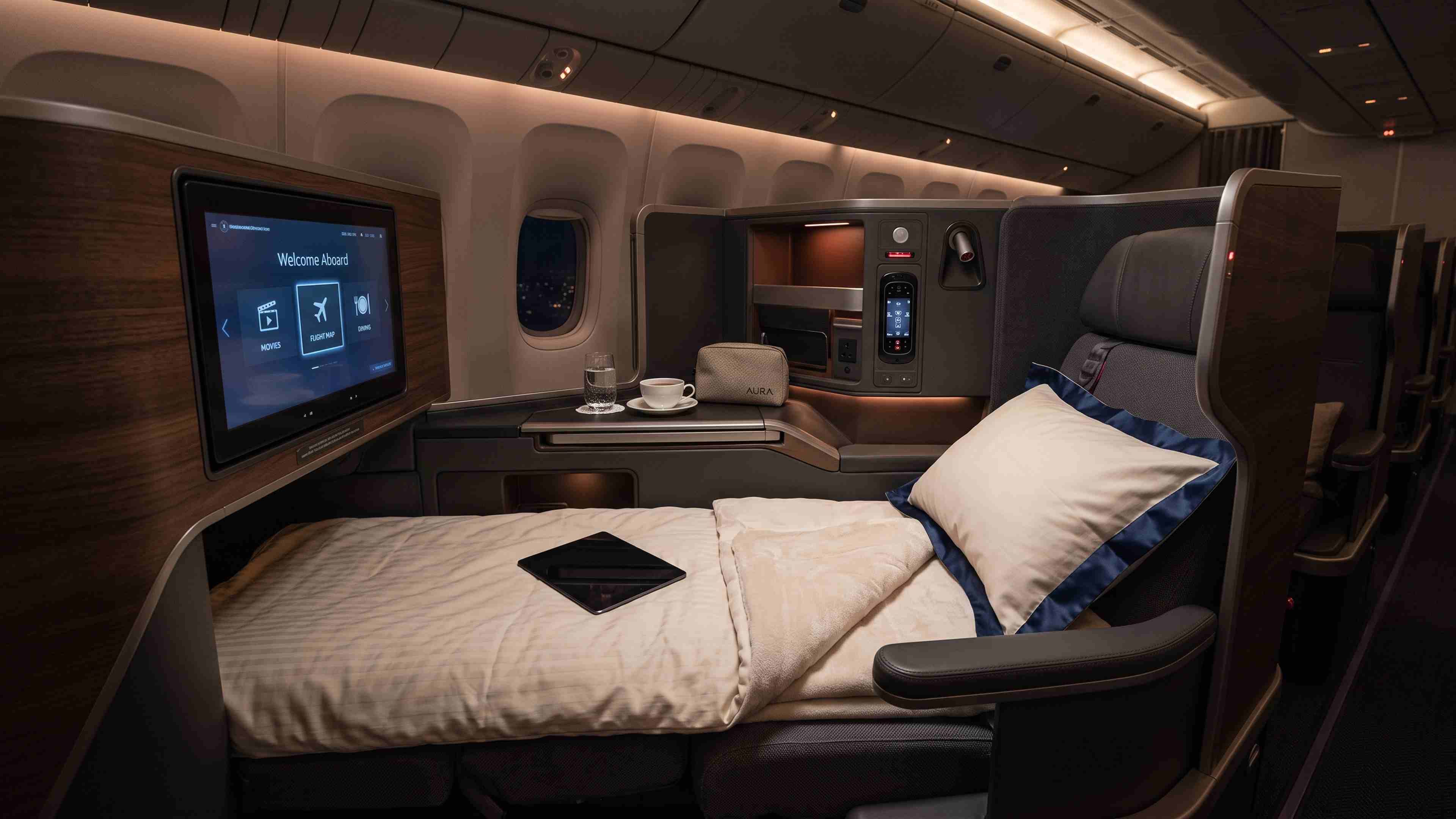 United Polaris Studio suite with large screen and flat bed made up for sleep