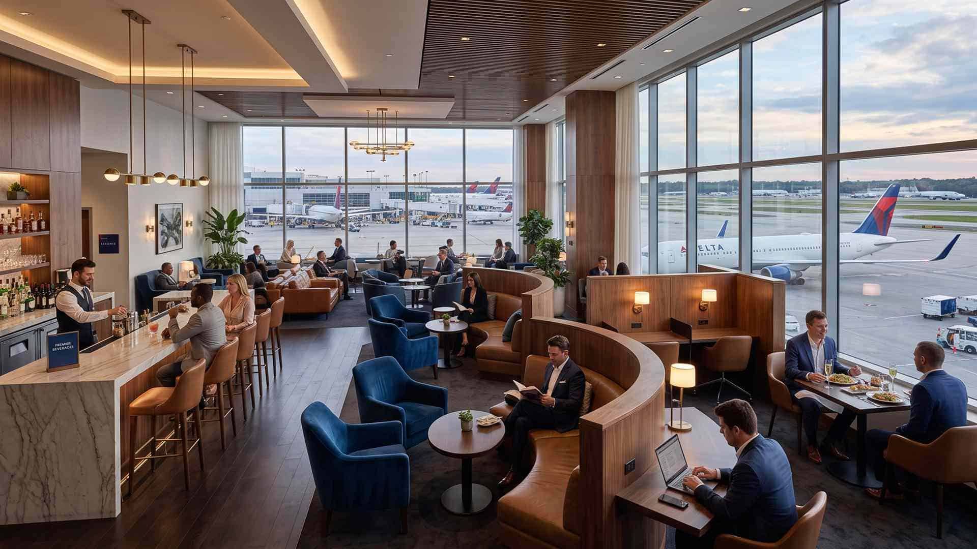 Delta One Lounge seating area with apron views
