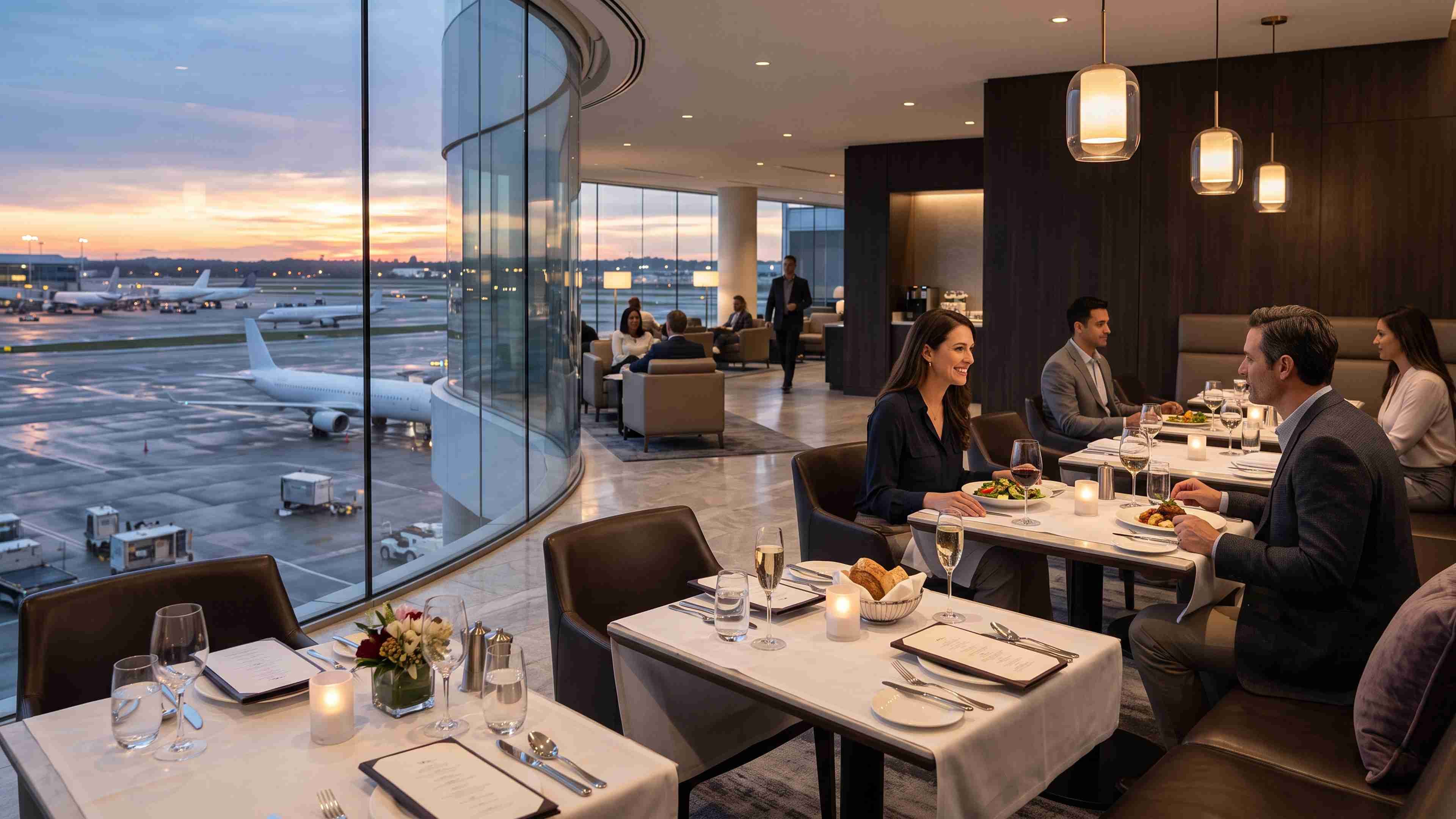 Sit-down restaurant in a United Polaris Lounge with apron views