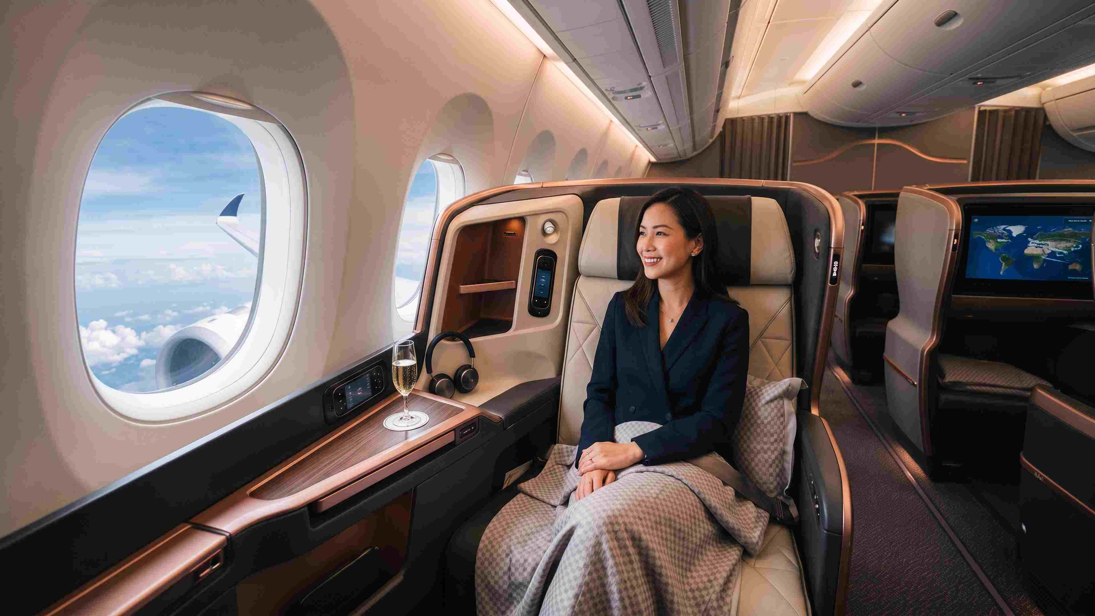 Passenger in a Singapore Airlines business class window seat