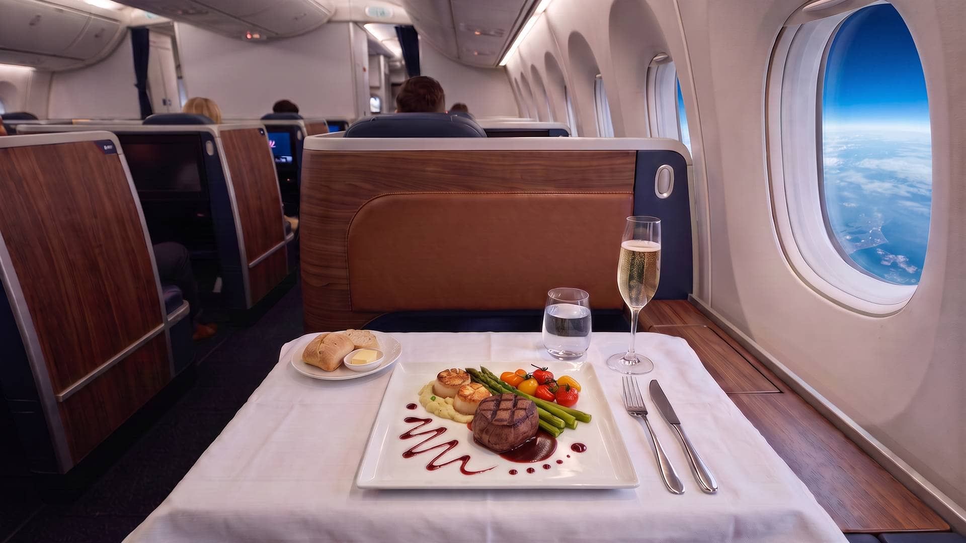 Delta One main course served at a business class seat