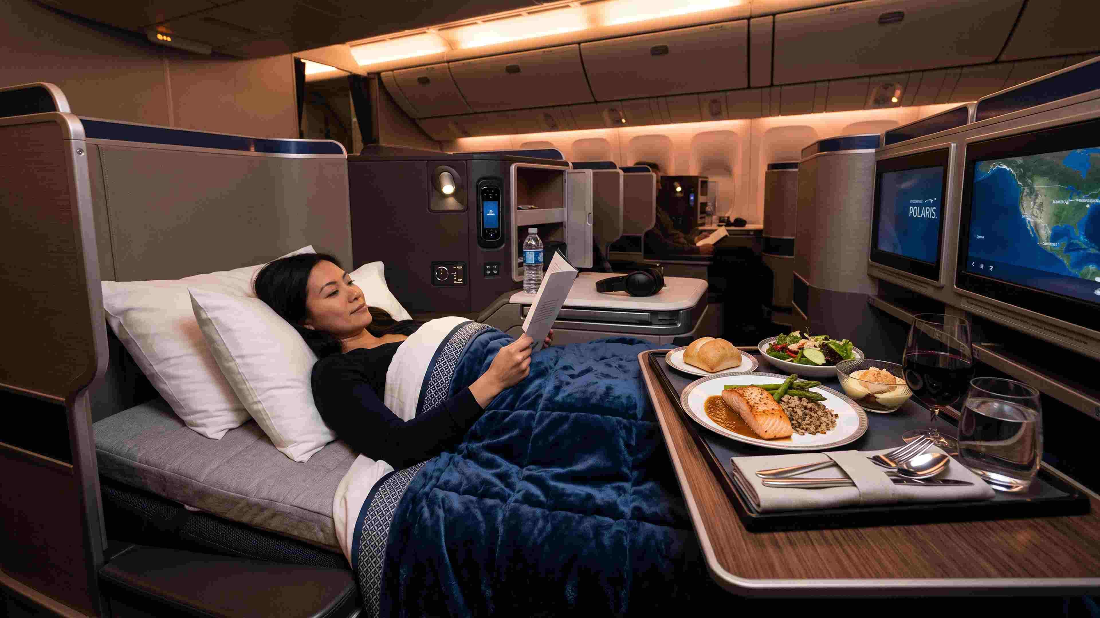 Passenger in a United Polaris seat with Saks bedding and an in-flight dinner