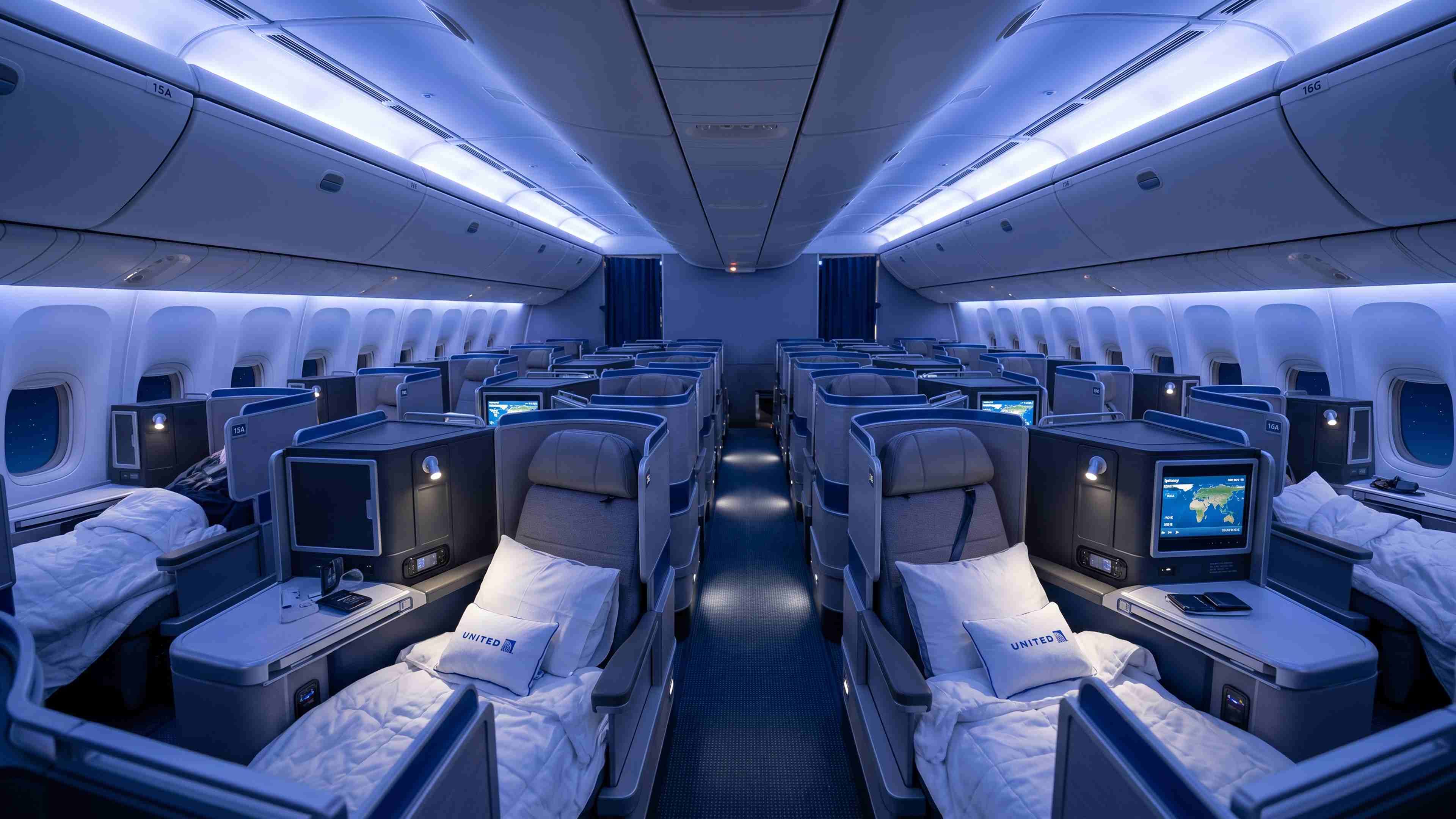 United Polaris business class cabin with flat beds, Saks bedding and United pillows