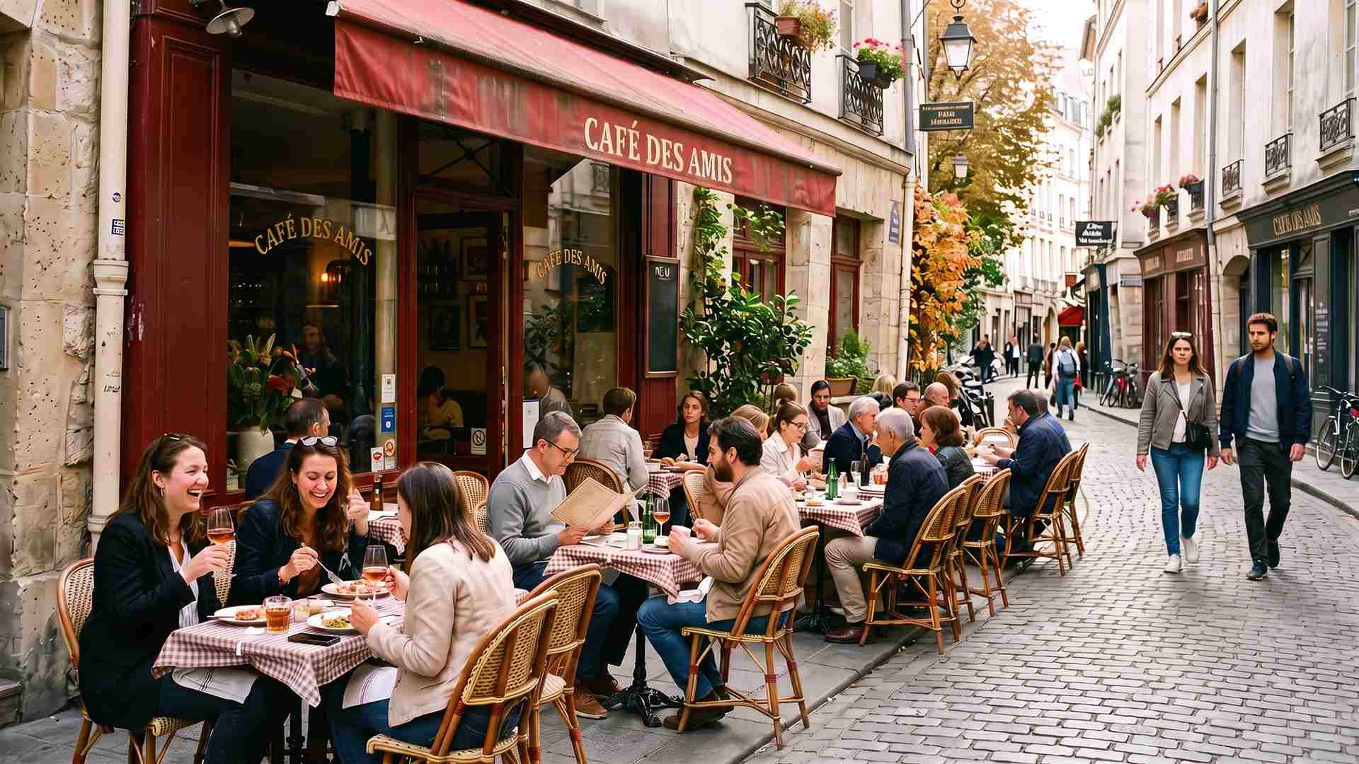 A café terrace in the Marais in late September — the best time to visit Paris
