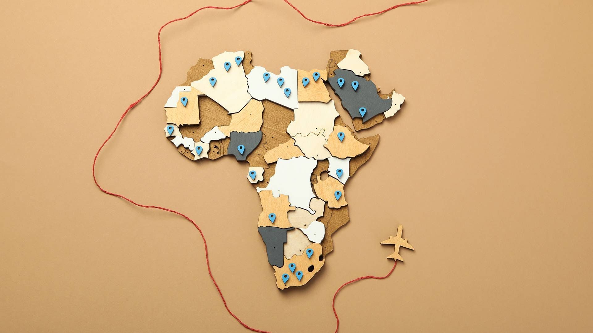 Map of Africa — business class routes from the USA connect via Gulf, European and African hubs