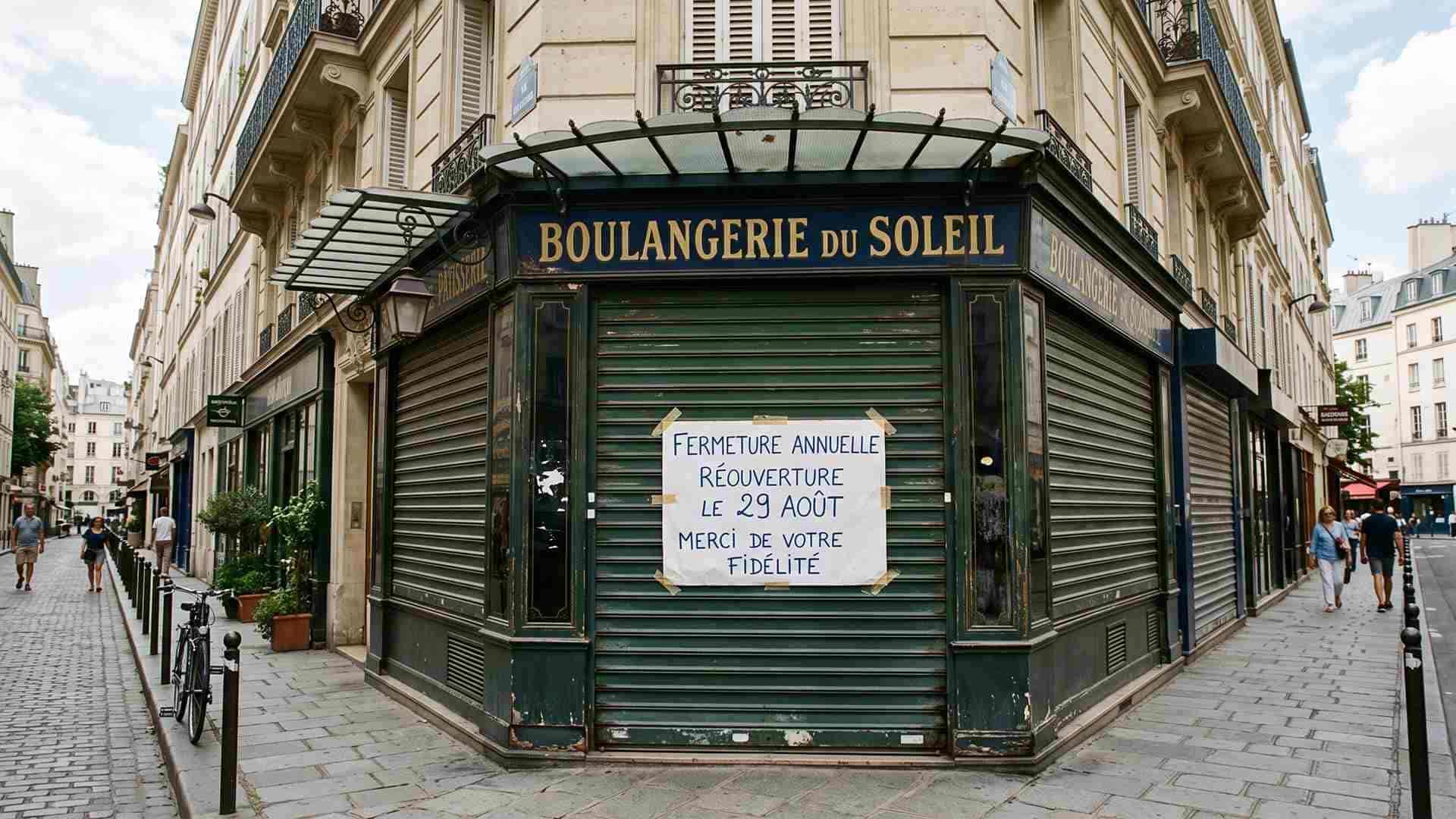 A shuttered Paris storefront with a handwritten fermeture annuelle sign in August