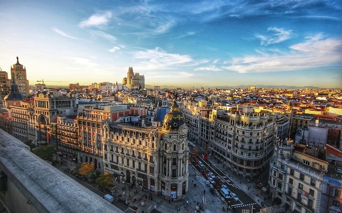 A Madrid terrace in October in late afternoon sun — the best time to visit Madrid