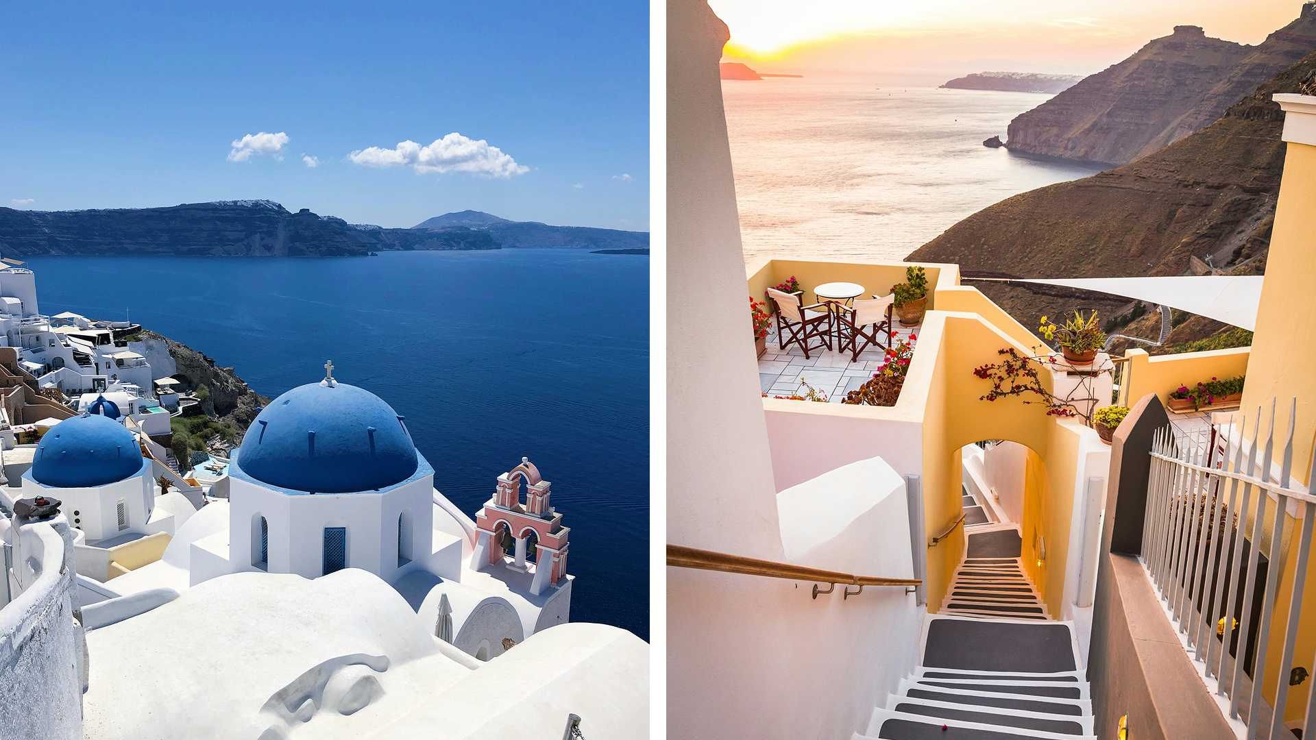 Whitewashed houses above the caldera in Santorini at sunset