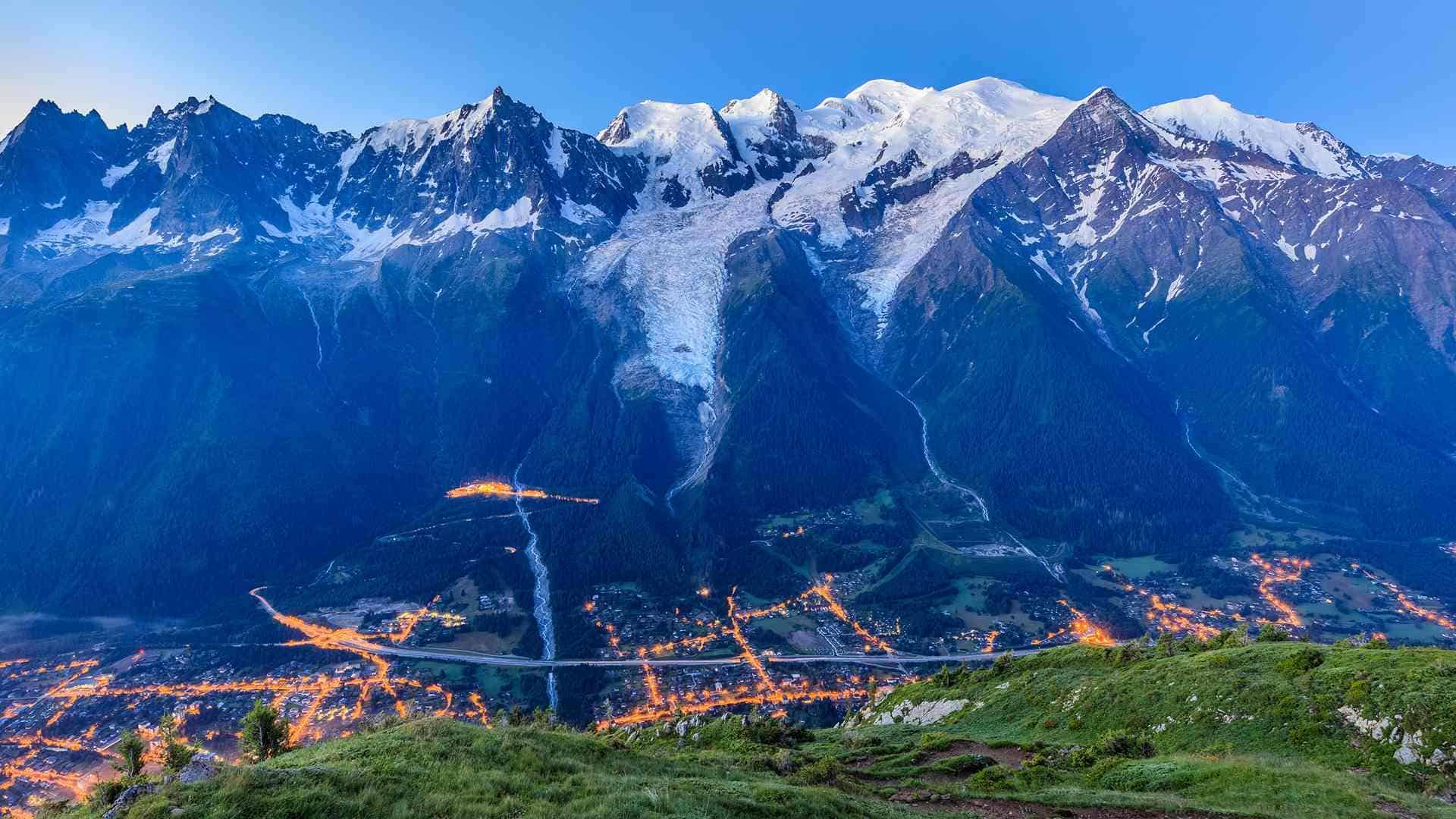 The Mont Blanc massif above Chamonix in late March — the end of the French ski season