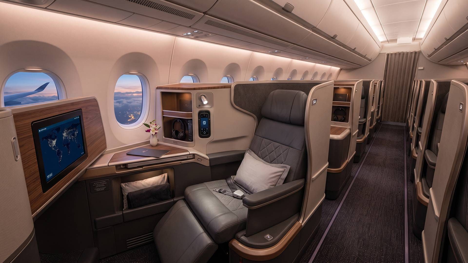 Lie-flat business class seat on a long-haul flight from the USA to Africa