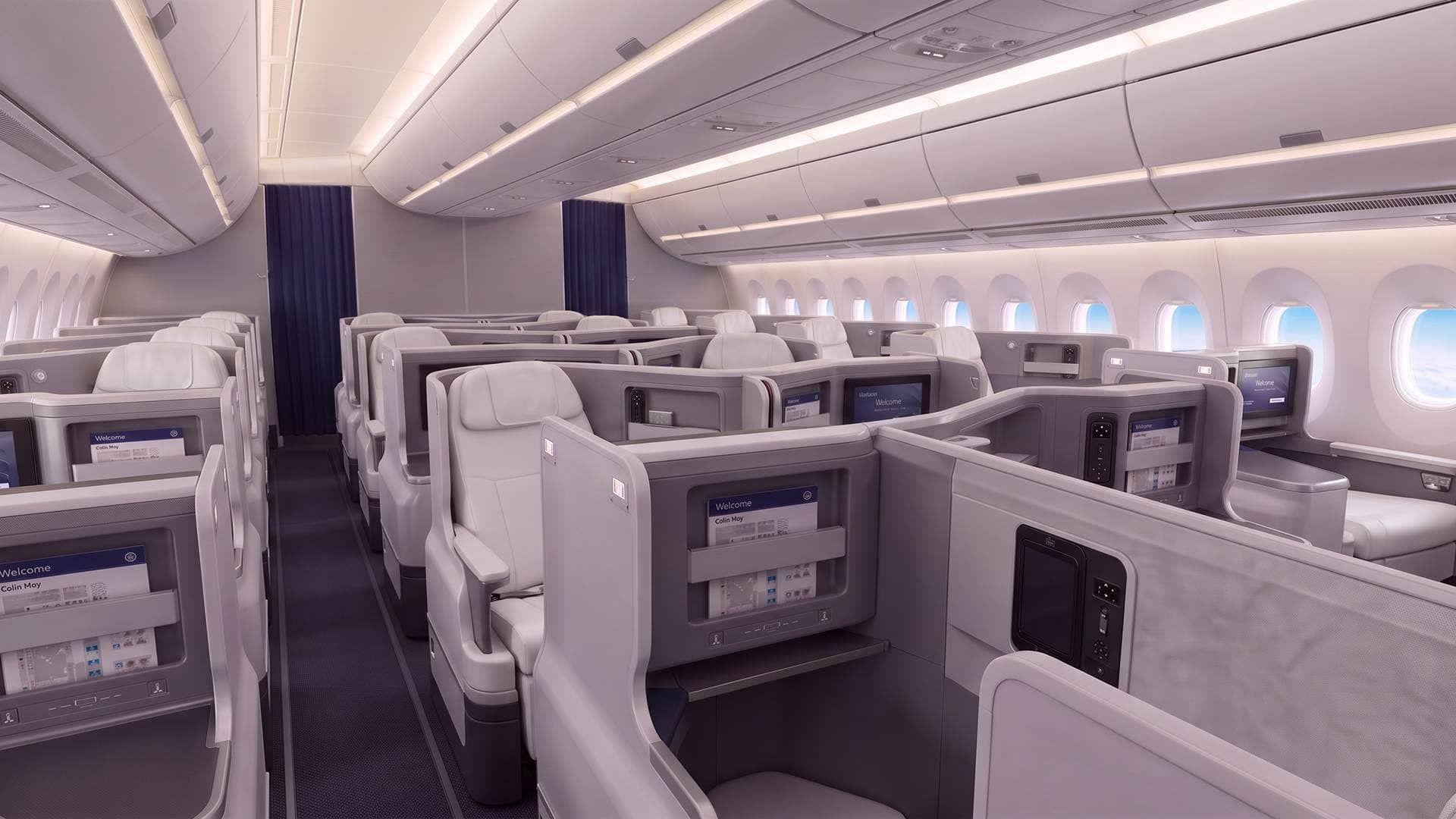 Lufthansa business class cabin on a nonstop flight to Germany