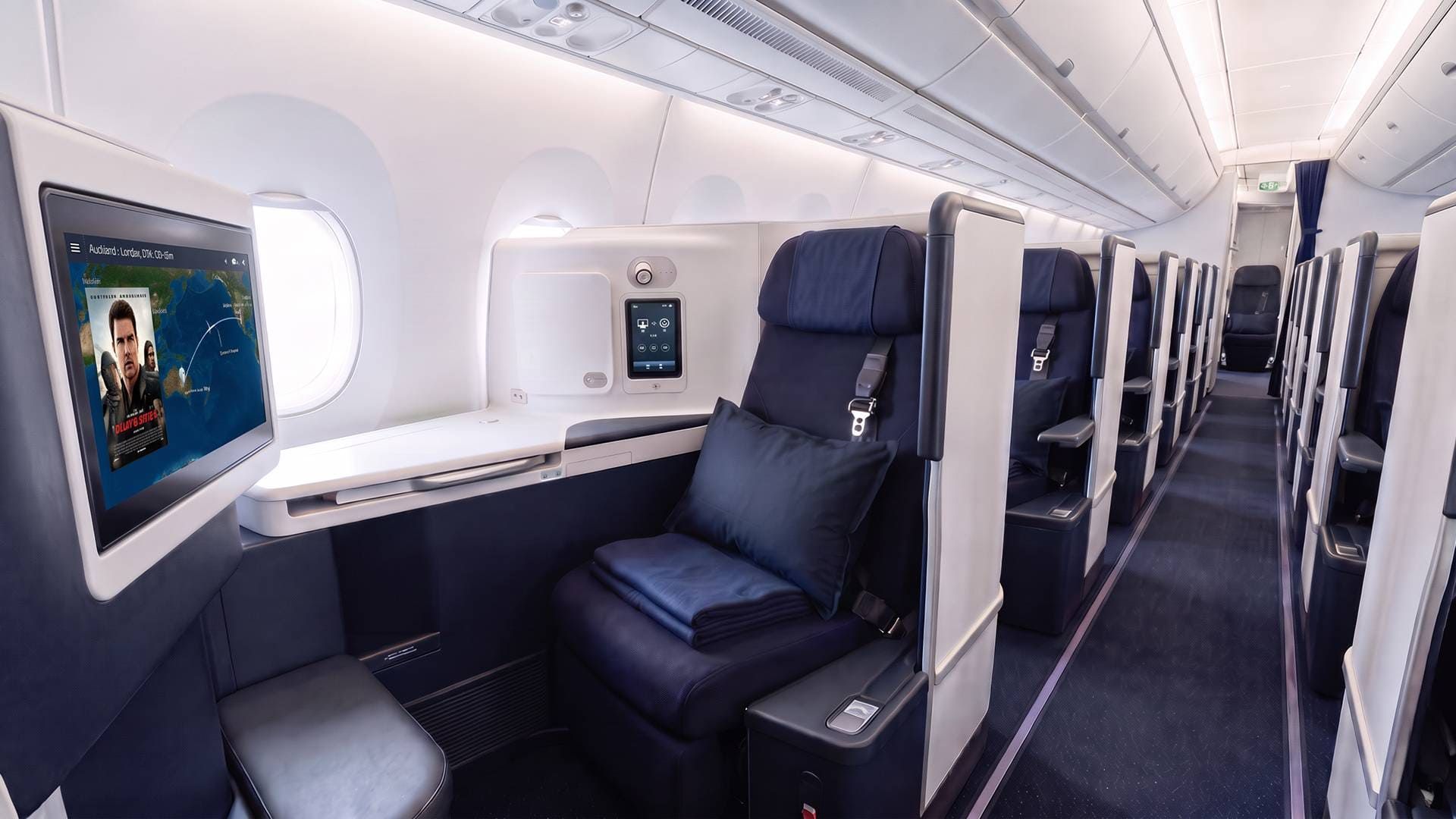 Lie-flat business class seat on a transatlantic flight to Paris