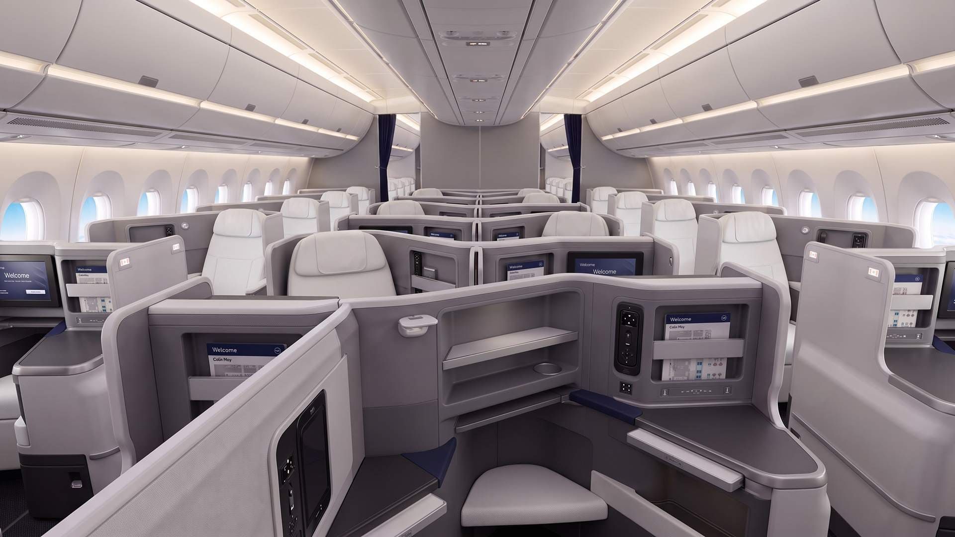 Lie-flat business class seats on a transatlantic flight to Germany
