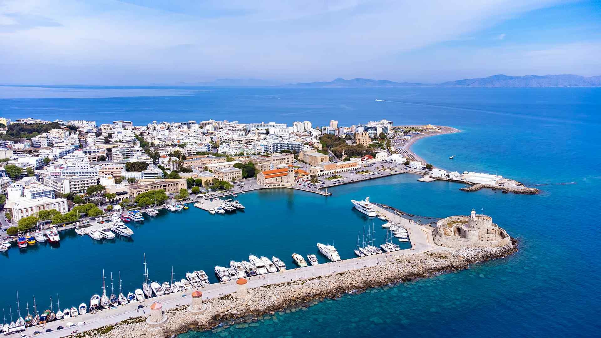 Aerial view of Mandraki harbour in Rhodes town