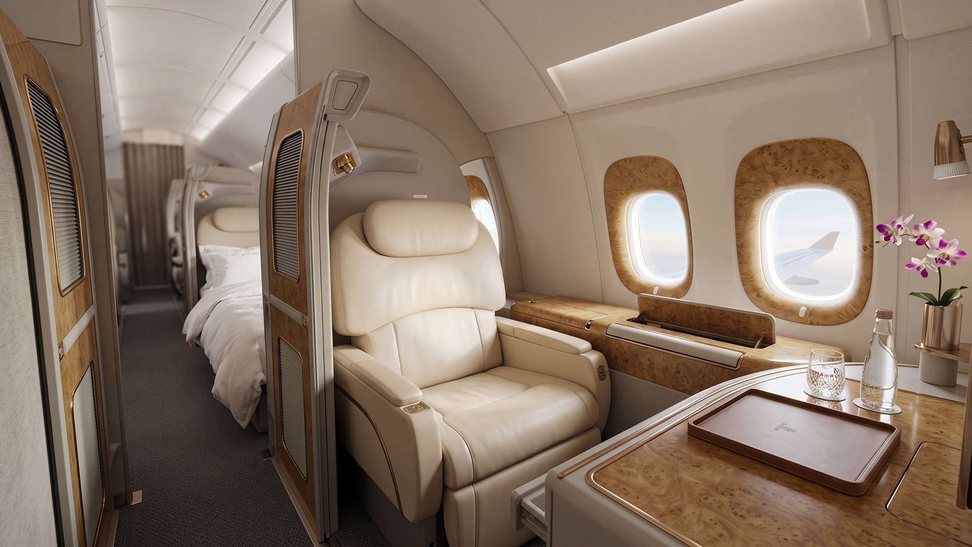 Private first class suite with a closing door on a long-haul aircraft