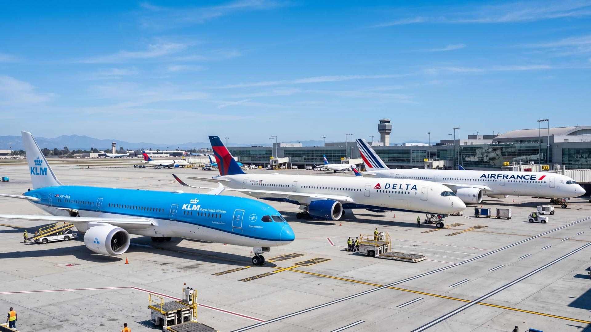 KLM, Delta and Air France aircraft parked side by side — the transatlantic joint venture partners